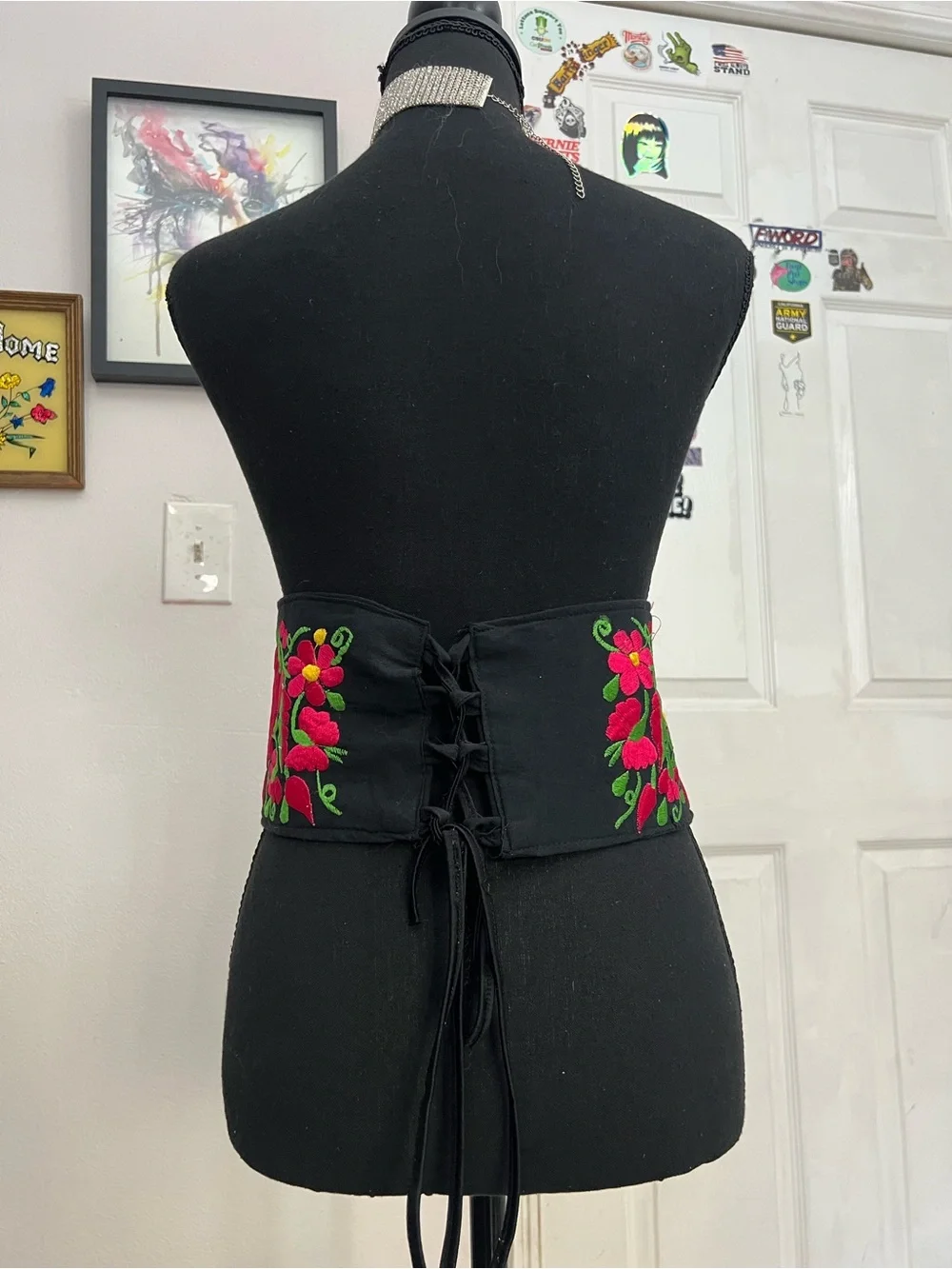 Embroidered Floral Waist Belt in Black with Pink & Green